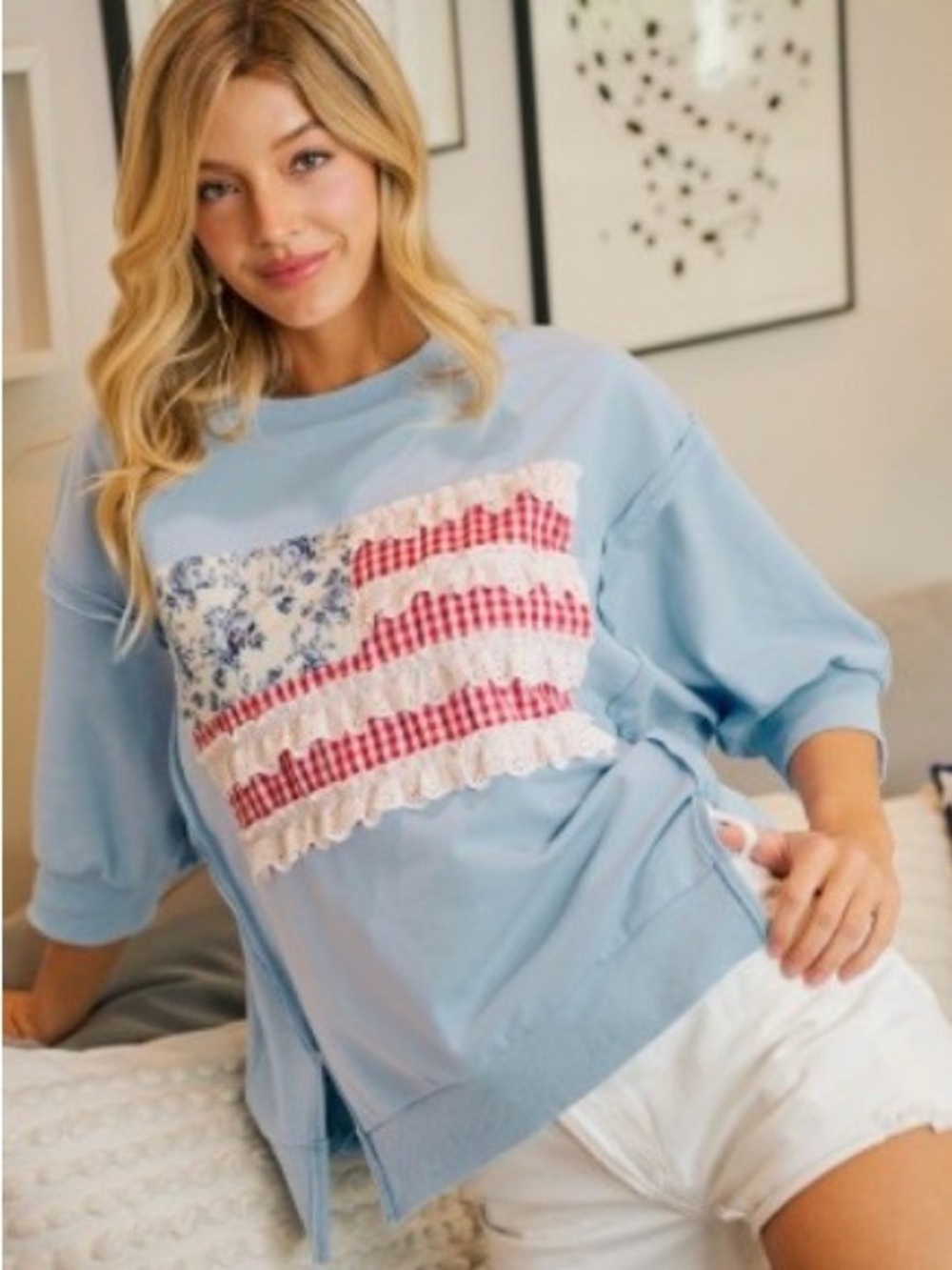 4th of July Light Blue Patchwork Flag French Terry Top